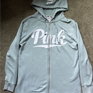 PINK Sage Green Full Zip-Up Hoodie with White Logo and Side Slits